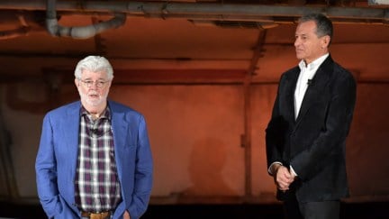 ANAHEIM, CALIFORNIA - MAY 29: (L-R) George Lucas and Bob Iger attend the Star Wars: Galaxy's Edge Media Preview at the Disneyland Resort on May 29, 2019 in Anaheim, California. (Photo by Amy Sussman/Getty Images)