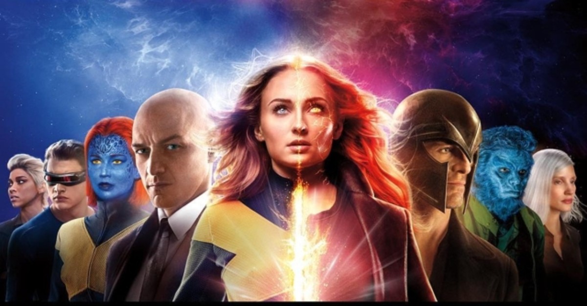 The cast of X-Men: Dark Phoenix, grouped around Sophie Thomas' Jean Grey