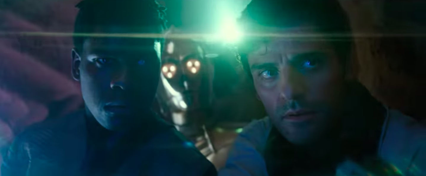 Poe Dameron and Finn stand together in the dark in Star Wars: The Rise of Skywalker trailer.