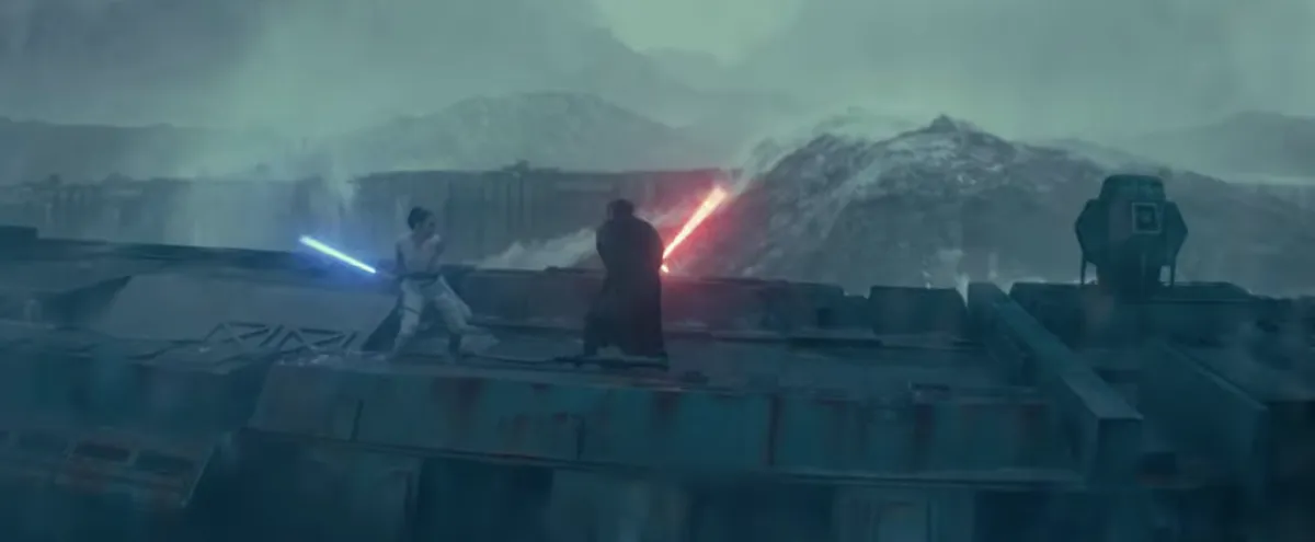 Rey and Kylo Ren lightsaber battle on Death Star II ruins in Star Wars: Rise of Skywalker trailer.