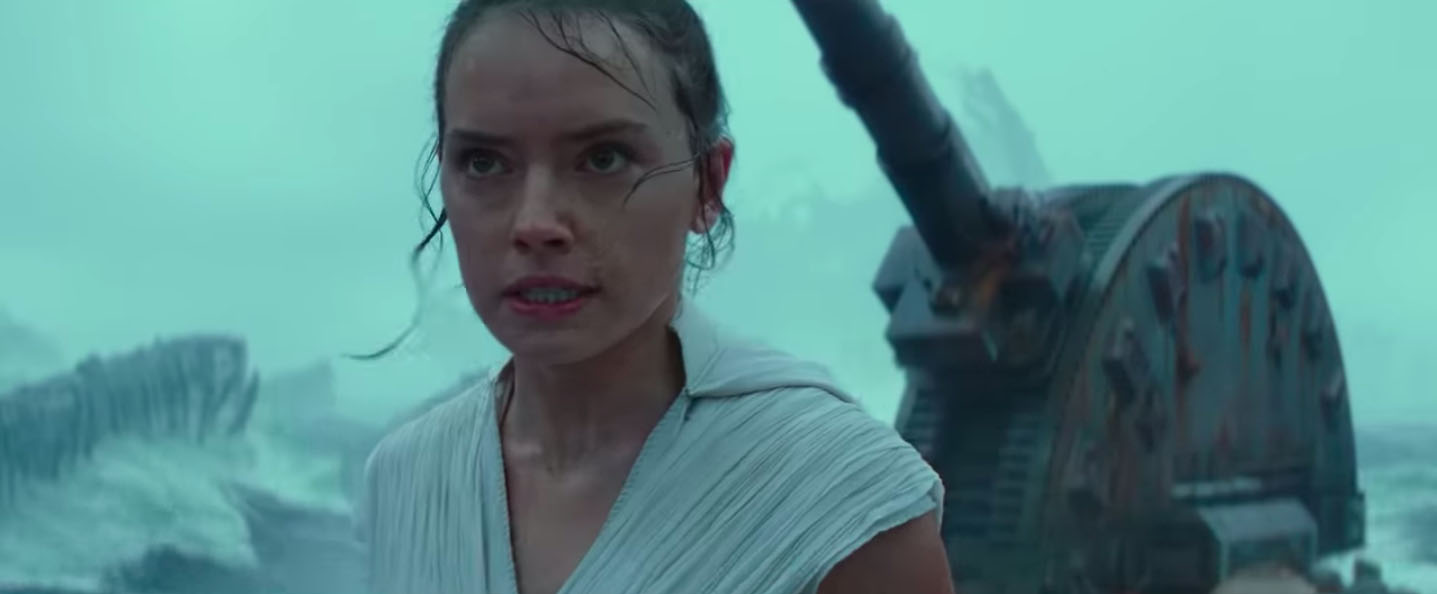 Rey, standing on ruins of Death Star II in the rain, looking pissed off in Rise of Skywalker trailer.