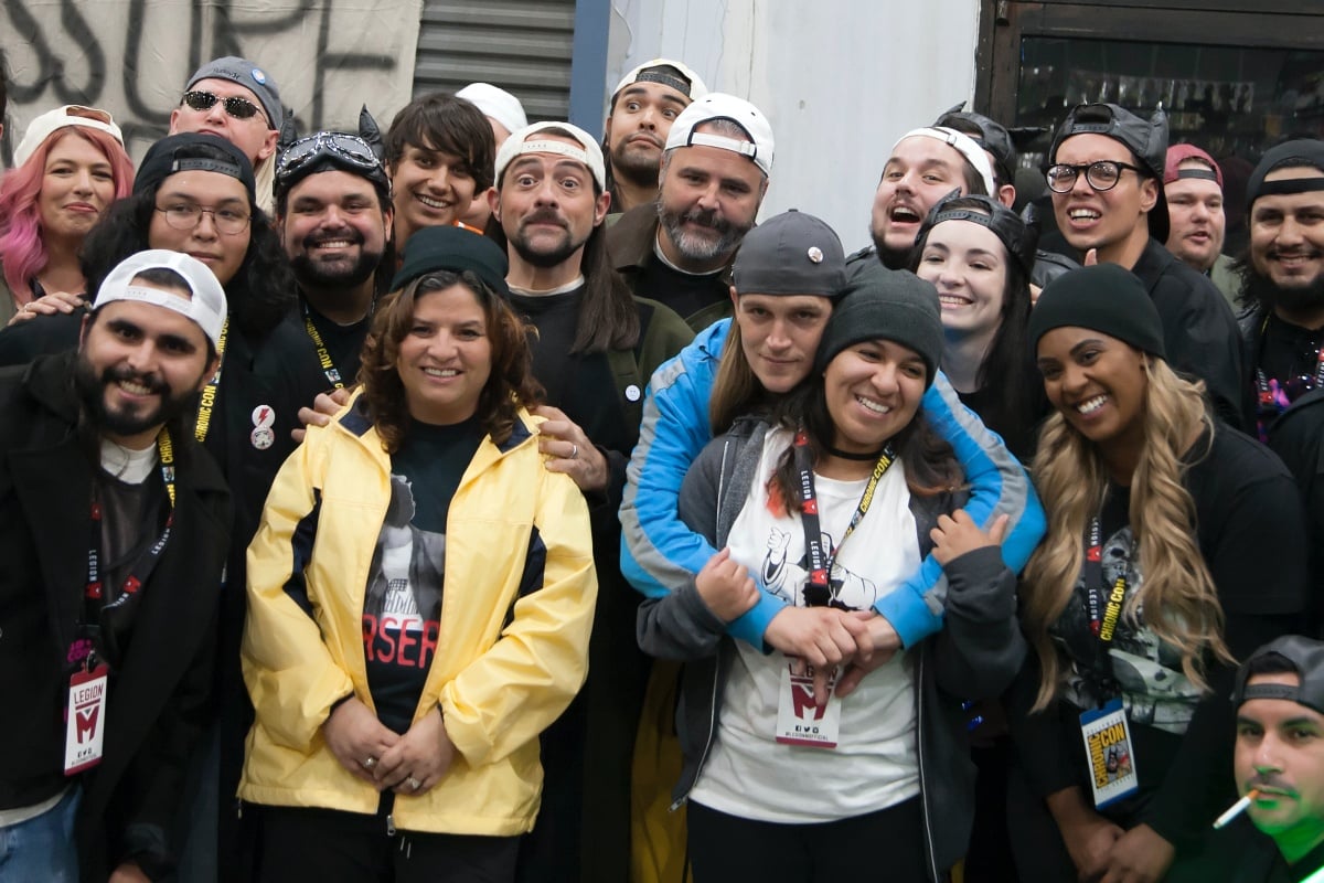 LOS ANGELES, CALIFORNIA - OCTOBER 12: Kevin Smith and Jason Mewes pose with Jay and Silent Bob cosplayers during 2019 Los Angeles Comic Con at Los Angeles Convention Center on October 11, 2019 in Los Angeles, California. (Photo by Angela Papuga/Getty Images)