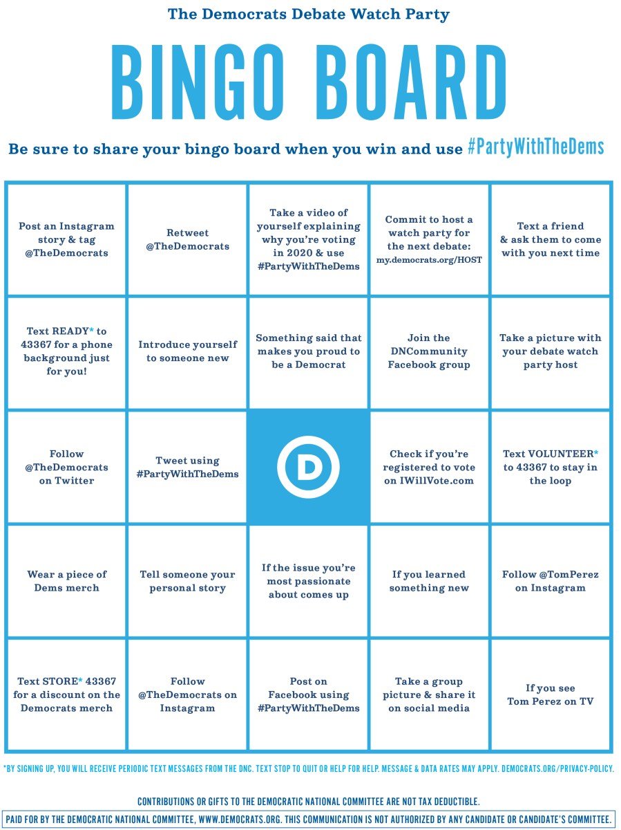 Democratic Debate bingo card
