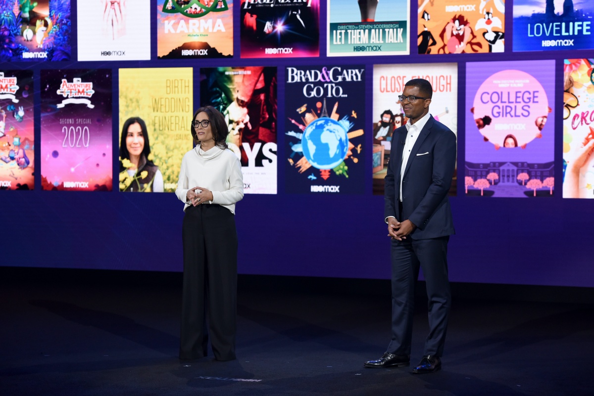 BURBANK, CALIFORNIA - OCTOBER 29: Sarah Aubrey, Head of Original Content of HBO Max, and Michael Quigley, Executive Vice President, Acquisitions and Strategy of HBO Max, speak onstage at HBO Max WarnerMedia Investor Day Presentation at Warner Bros. Studios on October 29, 2019 in Burbank, California. (Photo by Presley Ann/Getty Images for WarnerMedia)