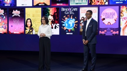 BURBANK, CALIFORNIA - OCTOBER 29: Sarah Aubrey, Head of Original Content of HBO Max, and Michael Quigley, Executive Vice President, Acquisitions and Strategy of HBO Max, speak onstage at HBO Max WarnerMedia Investor Day Presentation at Warner Bros. Studios on October 29, 2019 in Burbank, California. (Photo by Presley Ann/Getty Images for WarnerMedia)