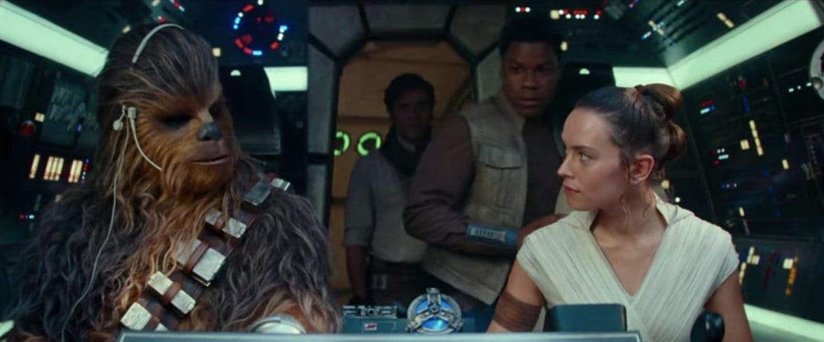 Rey and Chewbacca pilot the Millennium Falcon while Finn and Poe enter in Star Wars: Rise of SKywalker trailer.