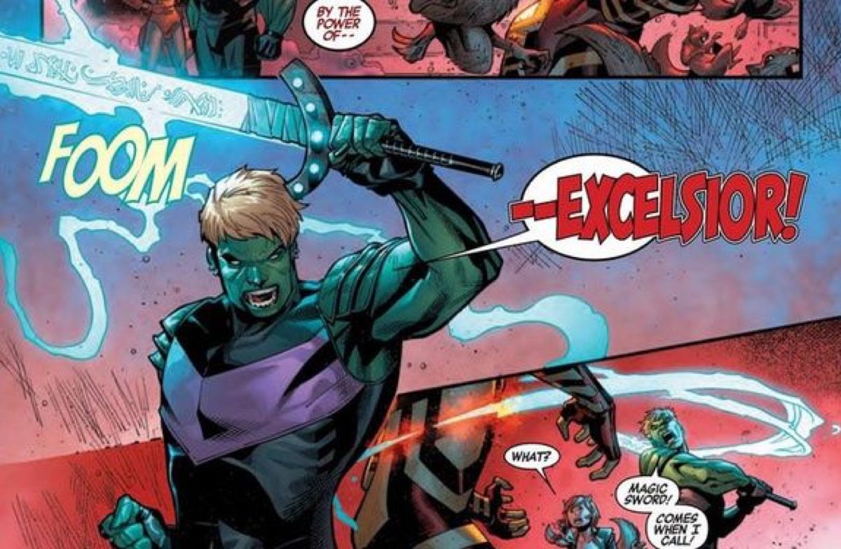 Hulkling wielding magic sword Excelsior in Marvel comics.