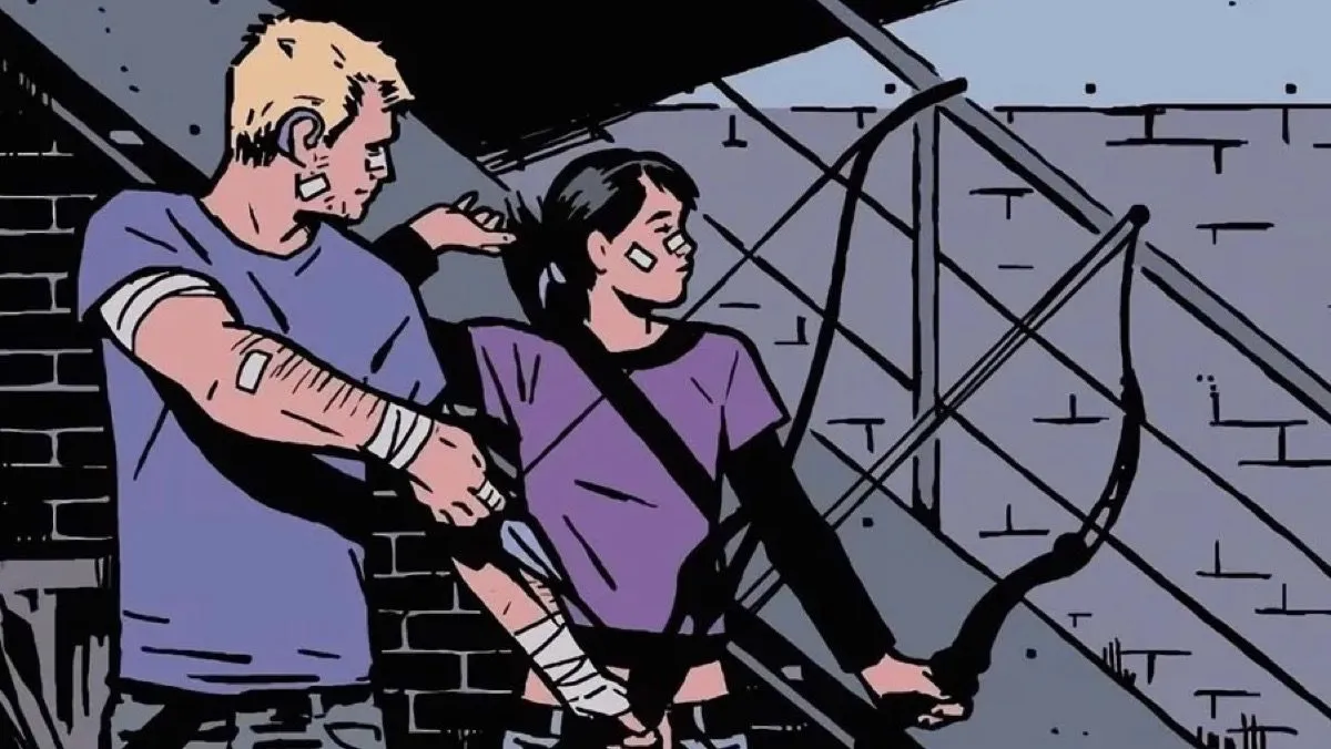 Kate Bishop and Hawkeye readying their bows in Marvel Comics.