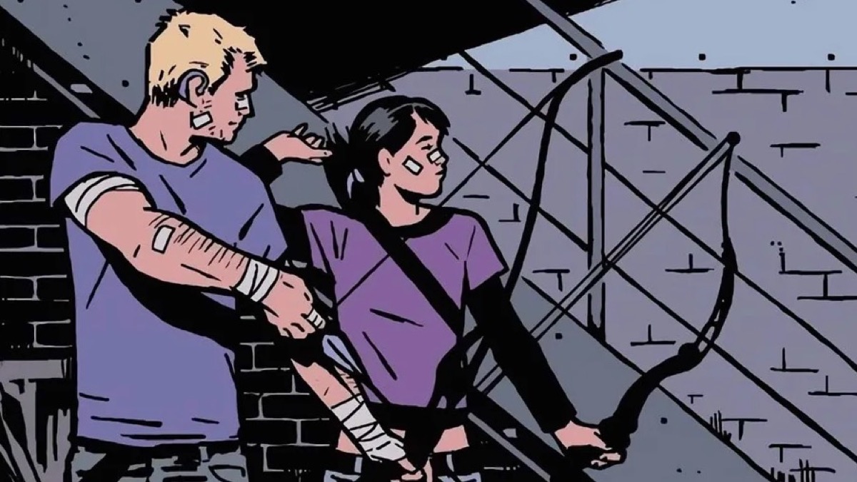 Kate Bishop and Hawkeye readying their bows in Marvel Comics.
