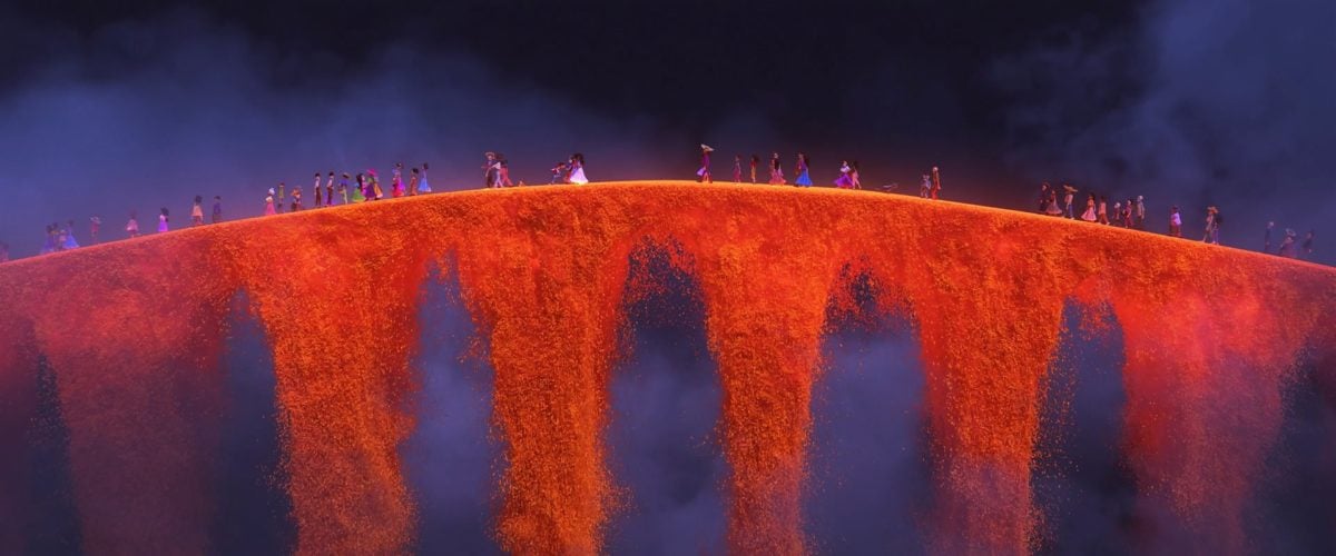 souls cross over the marigold bridge into the land of the dead in COCO