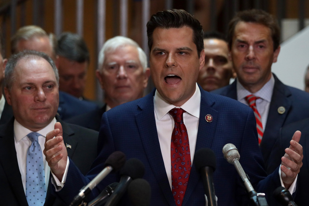Matt Gaetz holds a stupid press conference surrounded by other white Republicans.