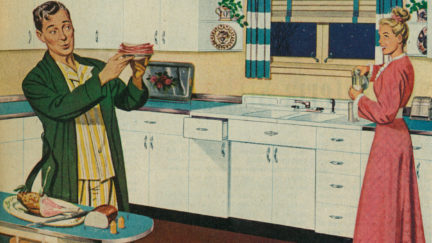50s illustration featuring a woman in a nightdress in a kitchen and her husband making a sandwich.