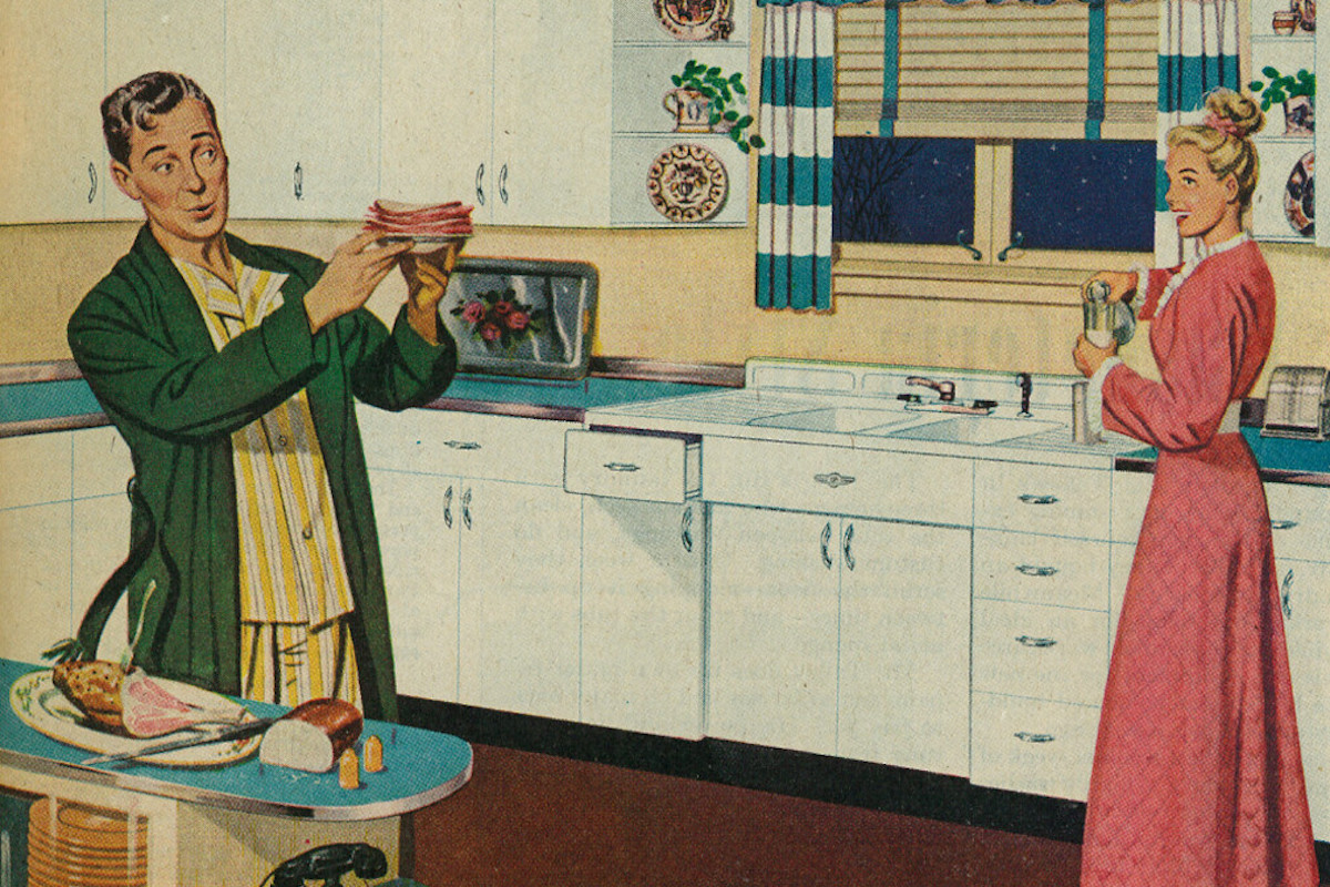 50s illustration featuring a woman in a nightdress in a kitchen and her husband making a sandwich.