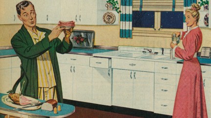 50s illustration featuring a woman in a nightdress in a kitchen and her husband making a sandwich.
