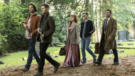The squad of sam, dean, rowena, cas, and belphagor head into battle