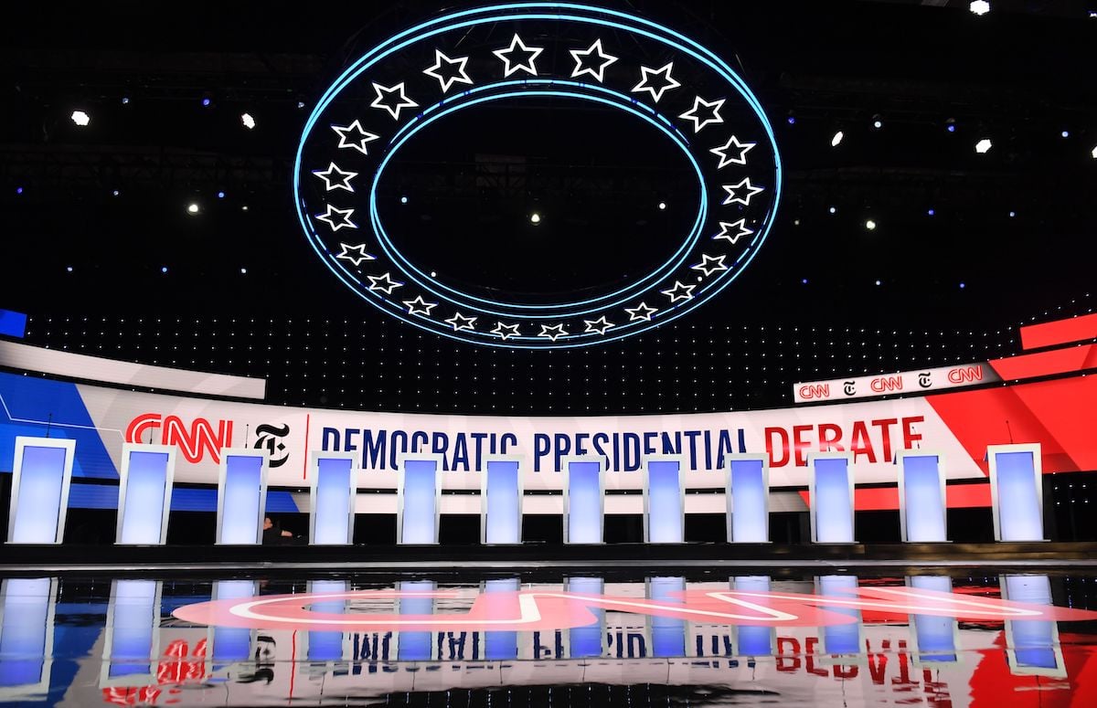 The stage is empty before the fourth Democratic primary debate.