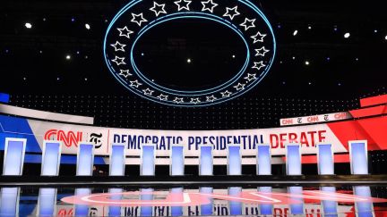 The stage is empty before the fourth Democratic primary debate.