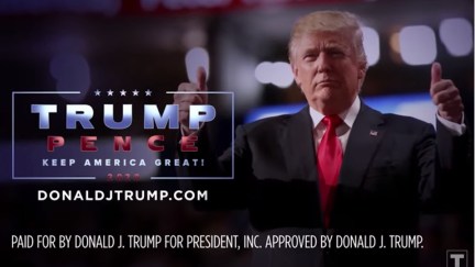 Donald Trump gives double thumbs up in a campaign ad.