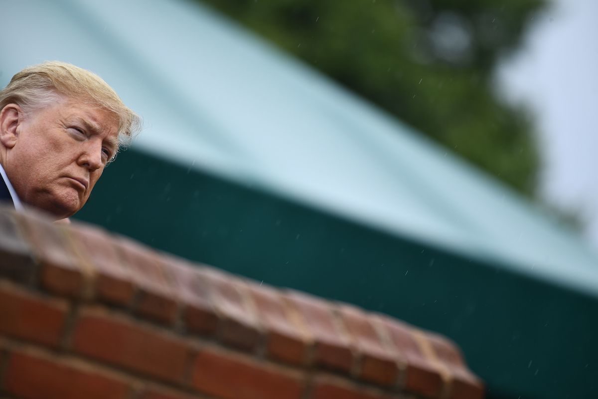 Donald Trump peers out from behind a brick wall.