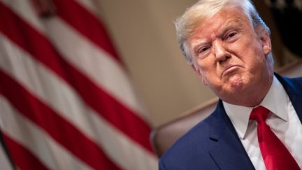 Donald Trump makes a pouty face in front of an American flag.