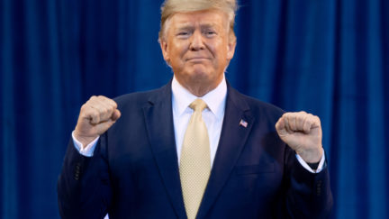 Trump pumps his fists in front of a blue curtain.