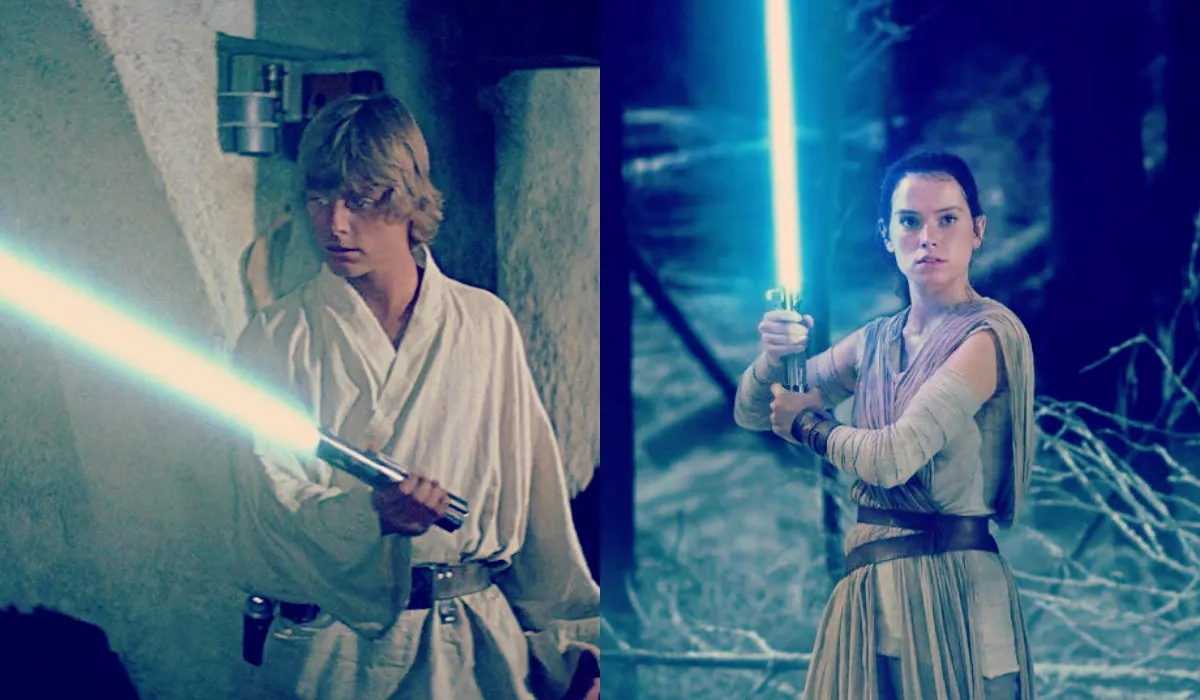 Mark Hamill as Luke Skywalker in Star Wars (1977), and Daisy Ridley as Rey in Star Wars: The Force Awakens. Both hold Anakin's lightsaber, ignited.