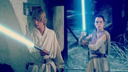 Mark Hamill as Luke Skywalker in Star Wars (1977), and Daisy Ridley as Rey in Star Wars: The Force Awakens. Both hold Anakin's lightsaber, ignited.