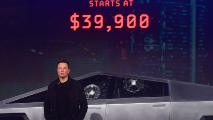 Elon Musk at Cybertruck unveiling after windows broke