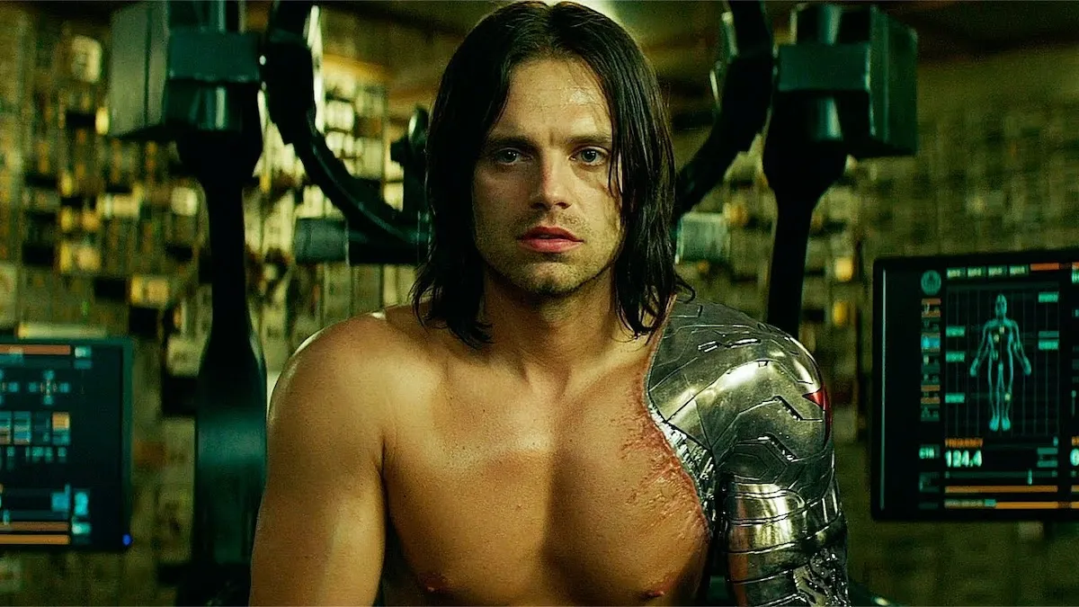 bucky sitting shirtless as the winter soldier