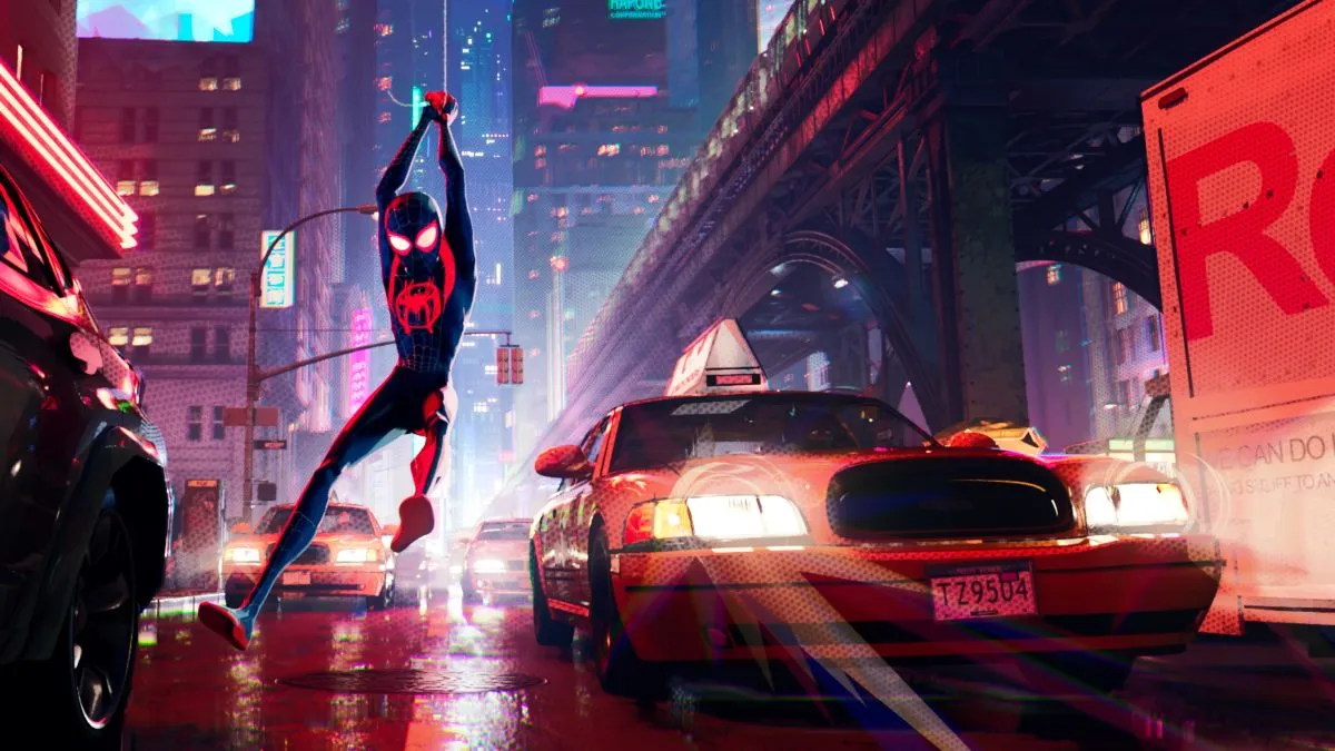 Miles web-slinging in 'Spider-Man: Into the Spider-Verse'