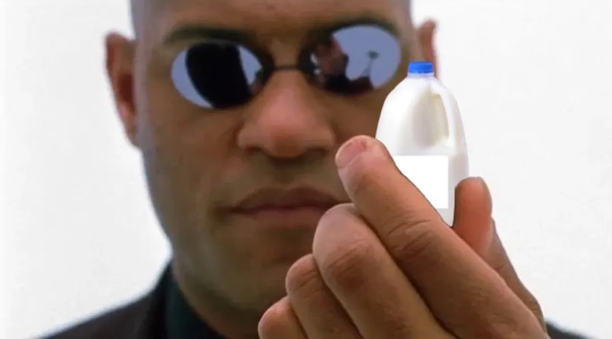 Morpheus in The Matrix, photo edited so he's holding milk instead of a battery.