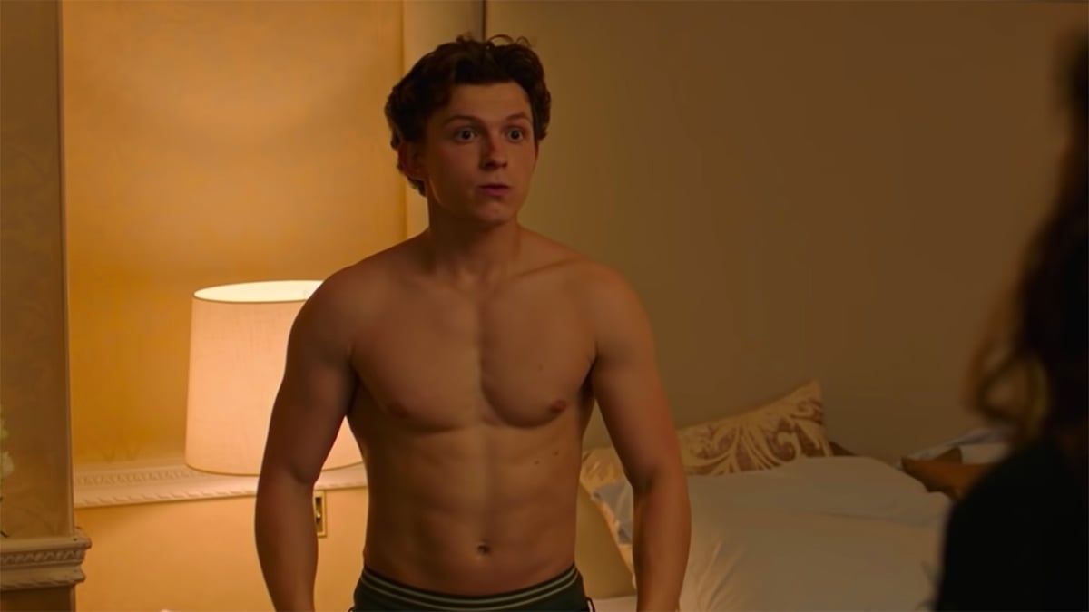Peter Parker shirtless standing in shock in Spider-Man far from home