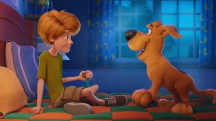 young shaggy and scooby doo in the trailer for Scoob!