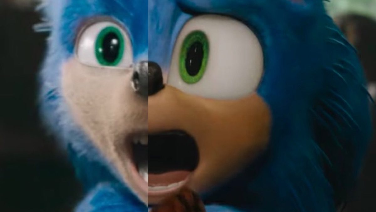 Sonic the Hedgehog movie original face and redesigned face cut together.
