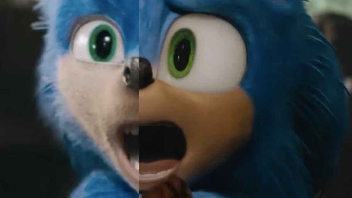Sonic the Hedgehog movie original face and redesigned face cut together.