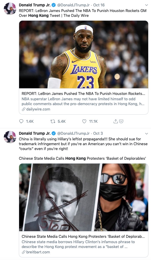 Two tweets from Donald Trump Jr. sharing articles about Hong Kong protests.