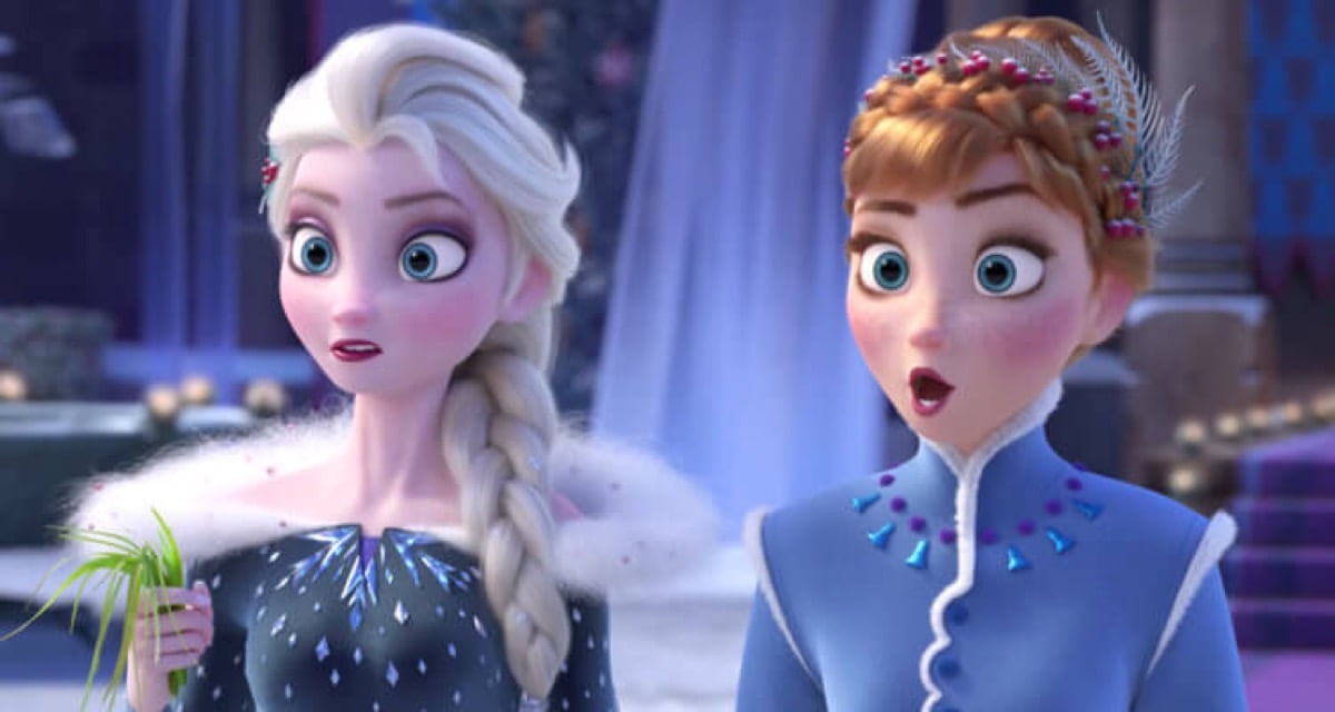 Anna and Elsa standing side by side in Frozen 2.