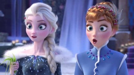 Anna and Elsa standing side by side in Frozen 2.