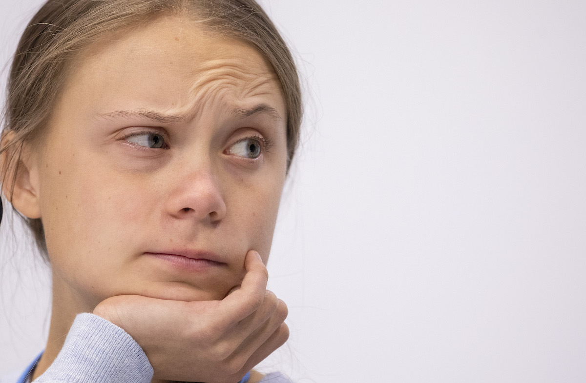Greta Thunberg rests her chin in her hand and raises an eyebrow during a press conference