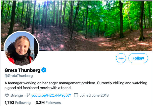 Greta Thunberg's Twitter bio, reading "A teenager working on her anger management problem. Currently chilling and watching a good old fashioned movie with a friend."