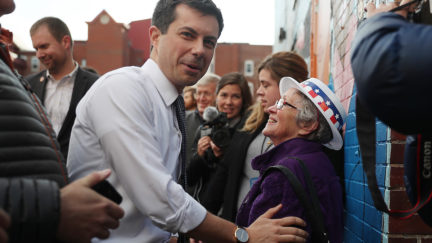 Mayor Pete Buttigieg greets people after speaking during a campaign stop at the Rex Theatre