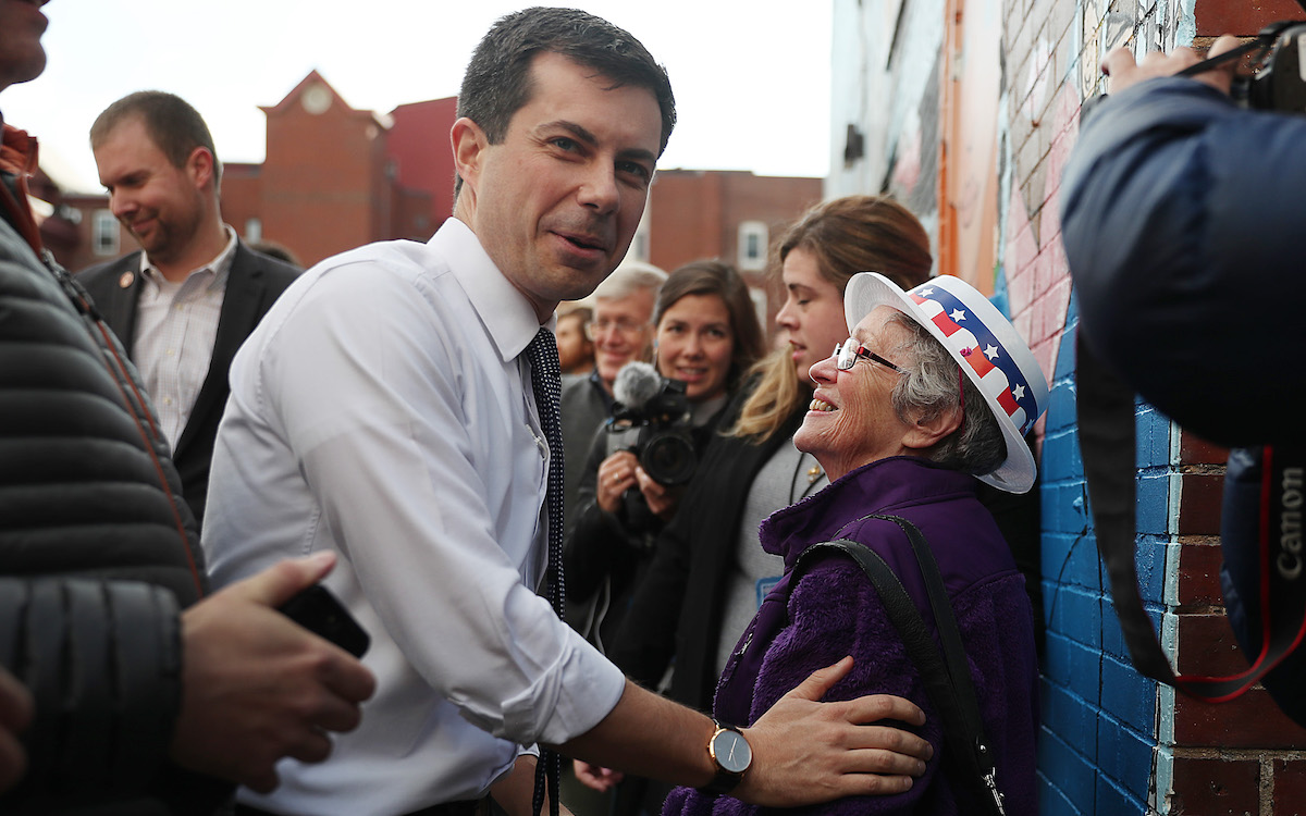 Mayor Pete Buttigieg greets people after speaking during a campaign stop at the Rex Theatre