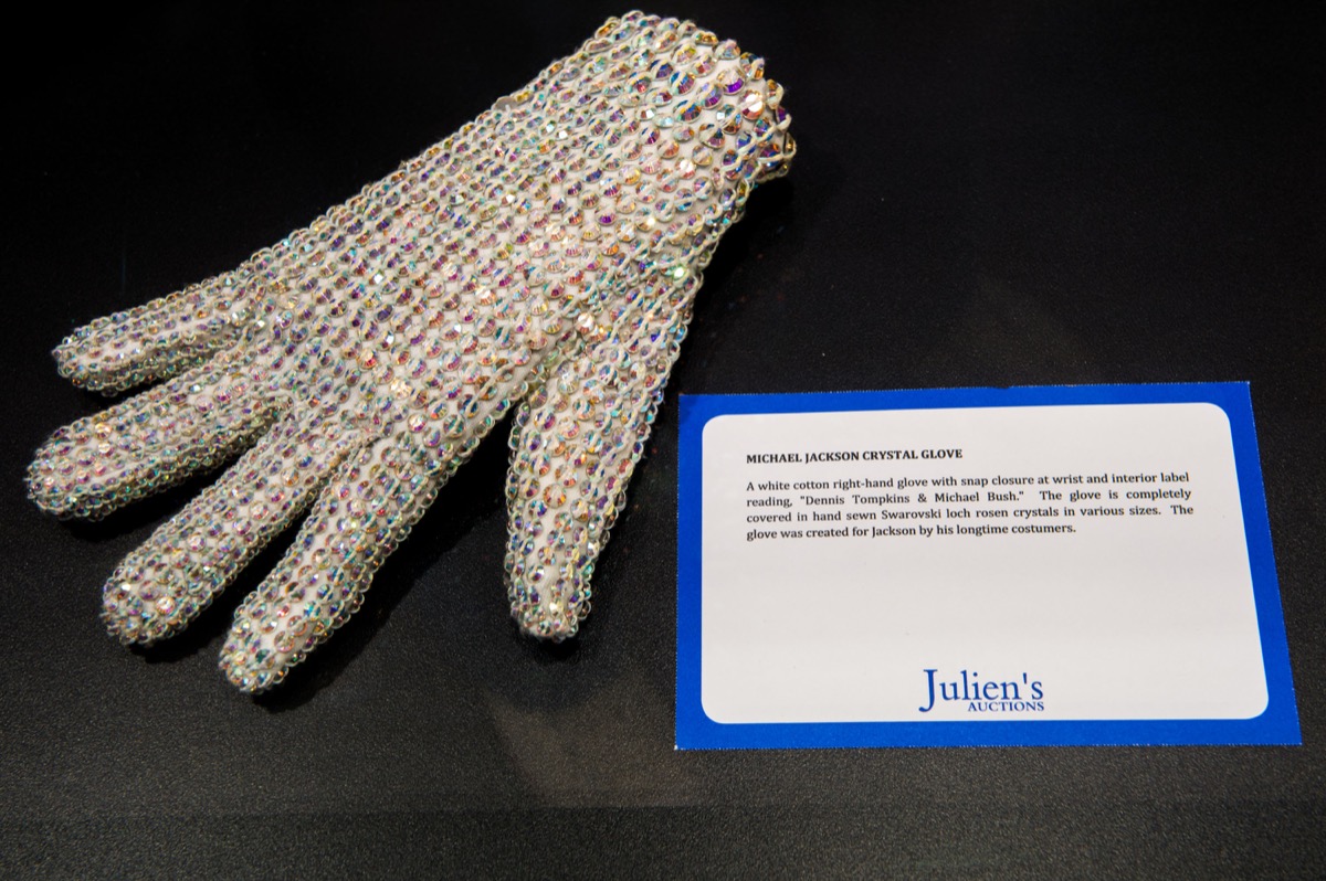 General view of Michael Jackson's 'Crystal Glove' before the VIP Preview of 'The Collection Of Tomkins And Bush: Michael Jackson Wardrobe' at Getty Gallery Westfield Stratford on October 4, 2012 in London, England.