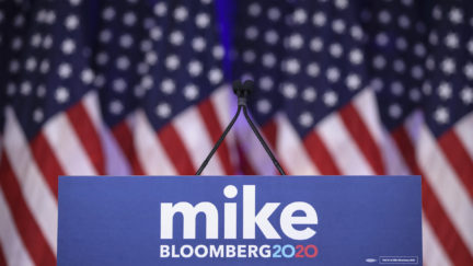 An empty podium is set for Newly announced Democratic presidential candidate, former New York Mayor Michael Bloomberg