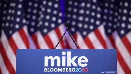An empty podium is set for Newly announced Democratic presidential candidate, former New York Mayor Michael Bloomberg