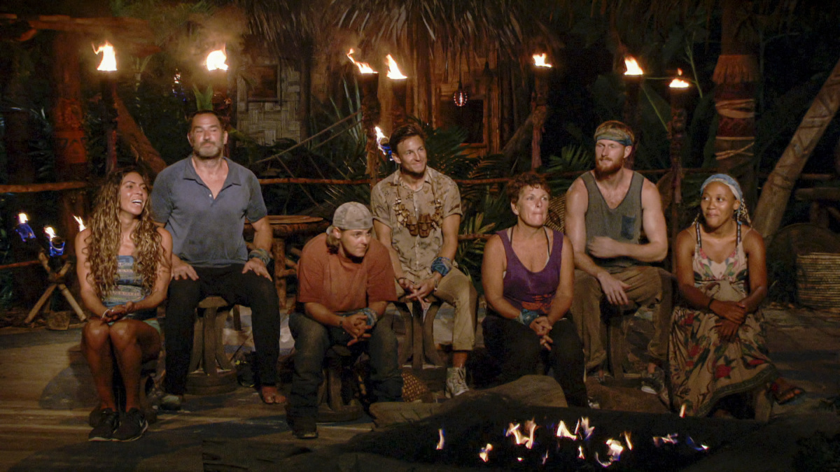 "Just Go for It" - Noura Salman, Dan Spilo, Elaine Stott, Dean Kowalski, Janet Carbin, Tommy Sheehan and Lauren Beck at Tribal Council on the Thirteenth episode of SURVIVOR: Island of Idols airing Wednesday, Dec. 11th (8:00-9:00 PM, ET/PT) on the CBS Television Network. Photo: Screen Grab/CBS Entertainment ©2019 CBS Broadcasting, Inc. All Rights Reserved.