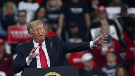 Donald Trump speaks and gestures wildly during a campaign rally