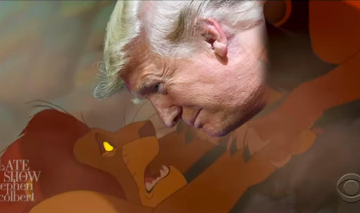 Donald Trump's face superimposed over Scar as he kills Mufasa in the Lion King.