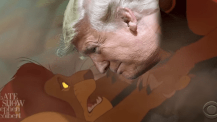 Donald Trump's face superimposed over Scar as he kills Mufasa in the Lion King.