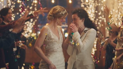 cute lesbians at their wedding in an add by zola